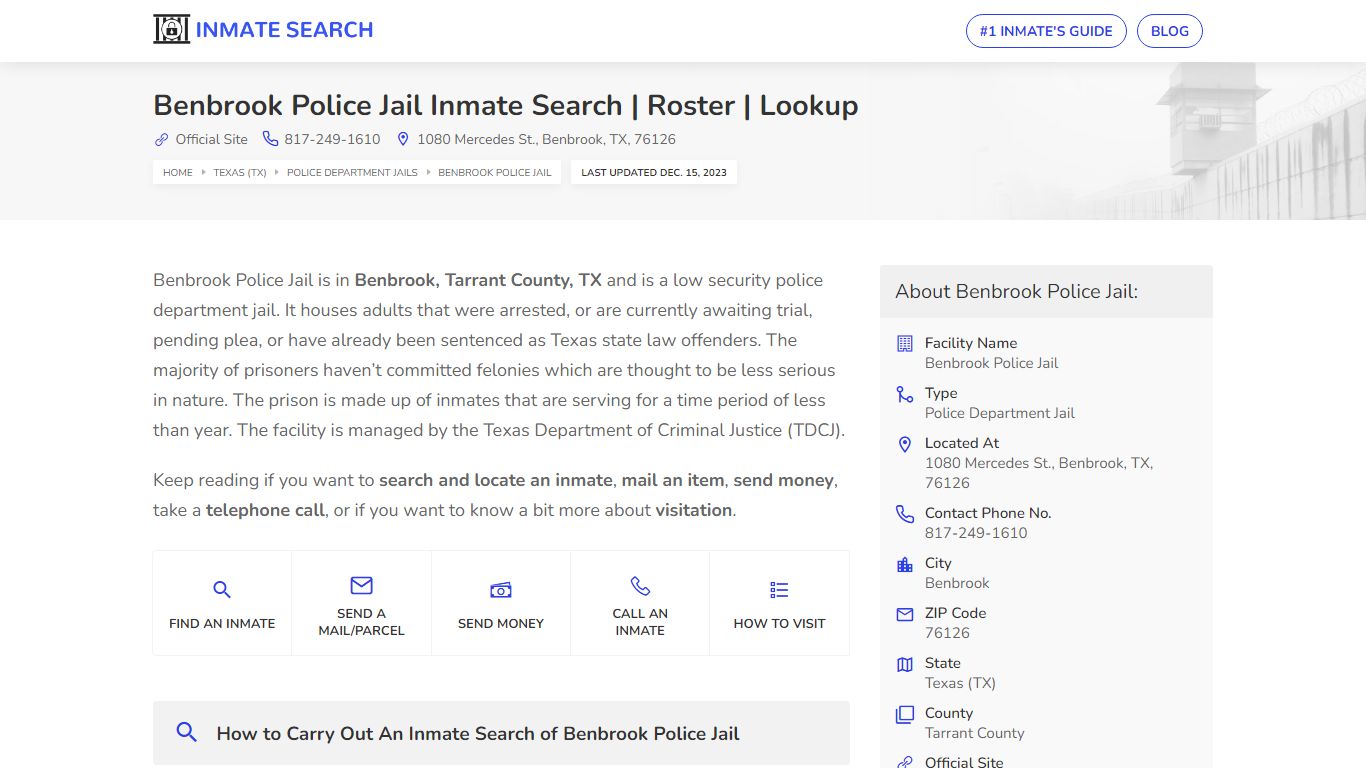 Benbrook Police Jail Inmate Search | Roster | Lookup