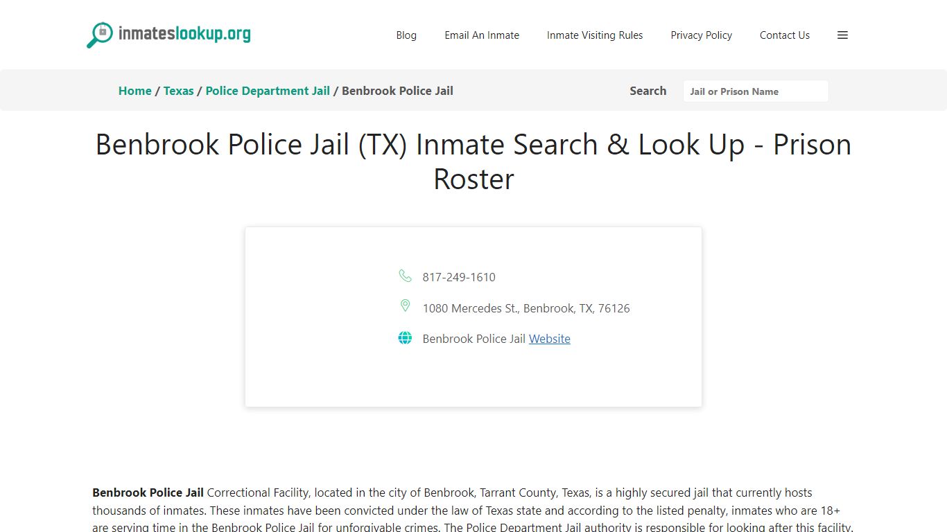 Benbrook Police Jail (TX) Inmate Search & Look Up - Prison Roster